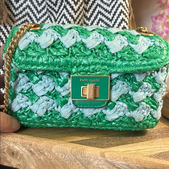 Kate Spade Green and Blue Mini straw Bag with Chevron Pattern - Picture 1 of 13